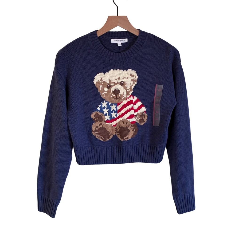 Grayson Threads Teddy Bear American Flag Cropped Sweater, Size XXS (NWT)